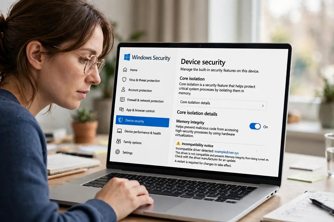 A person performing step 1 of the guide: Open Core isolation settings. Go to Windows Security, then Device security, then Core isolation details. The Memory Integrity toggle and ...