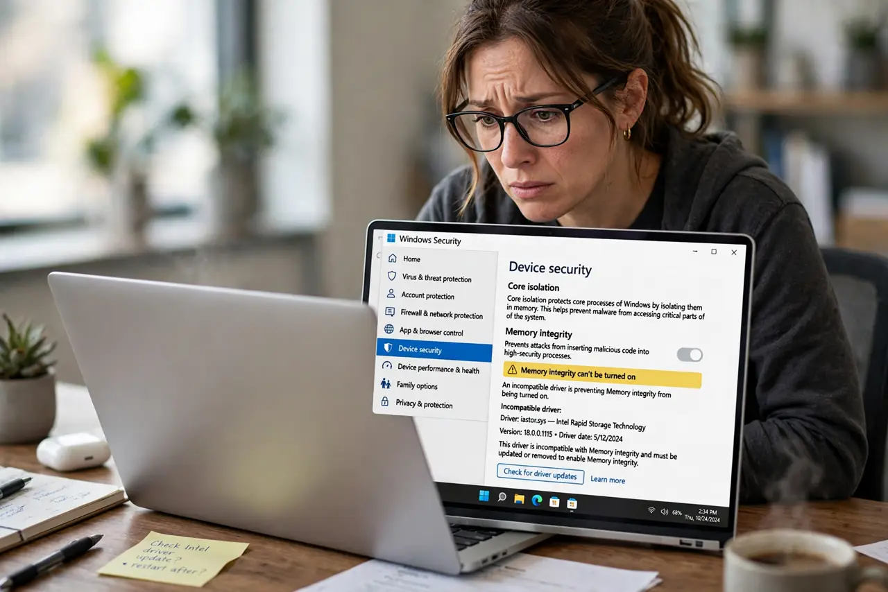 a real person at a desk looking at Windows Security Core isolation settings on a real monitor, the Memory Integrity toggle failing with a fully legible incompatible driver message, the person looking concerned.