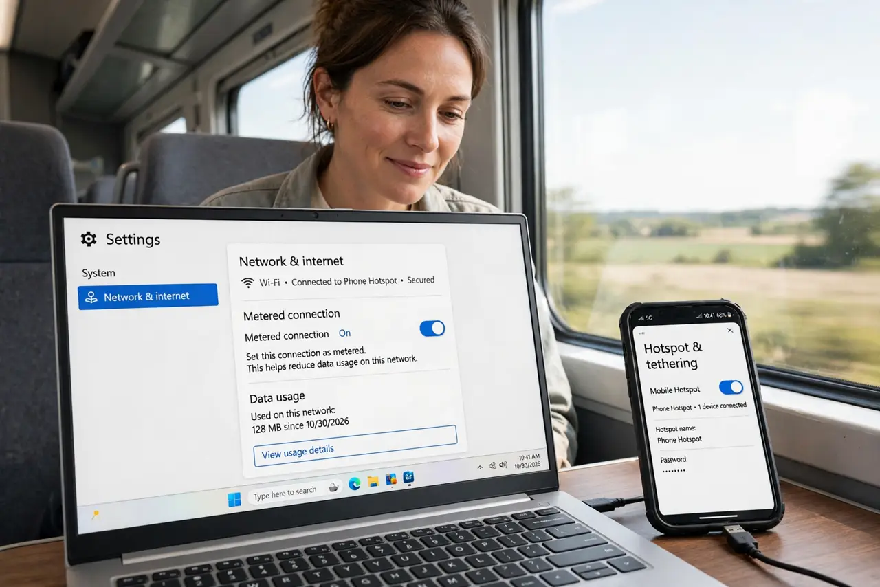 a person using a real Windows laptop tethered to a real smartphone hotspot on a train, the metered connection setting visible and legible on screen, the person's face relieved, daytime.