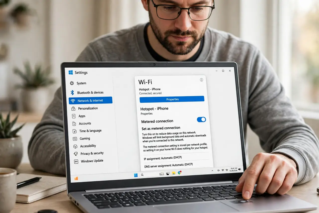 A person performing step 1 of the guide: Re-set the flag on the right network. Open the Wi-Fi network's properties and turn on Set as metered connection. The flag is stored per n...