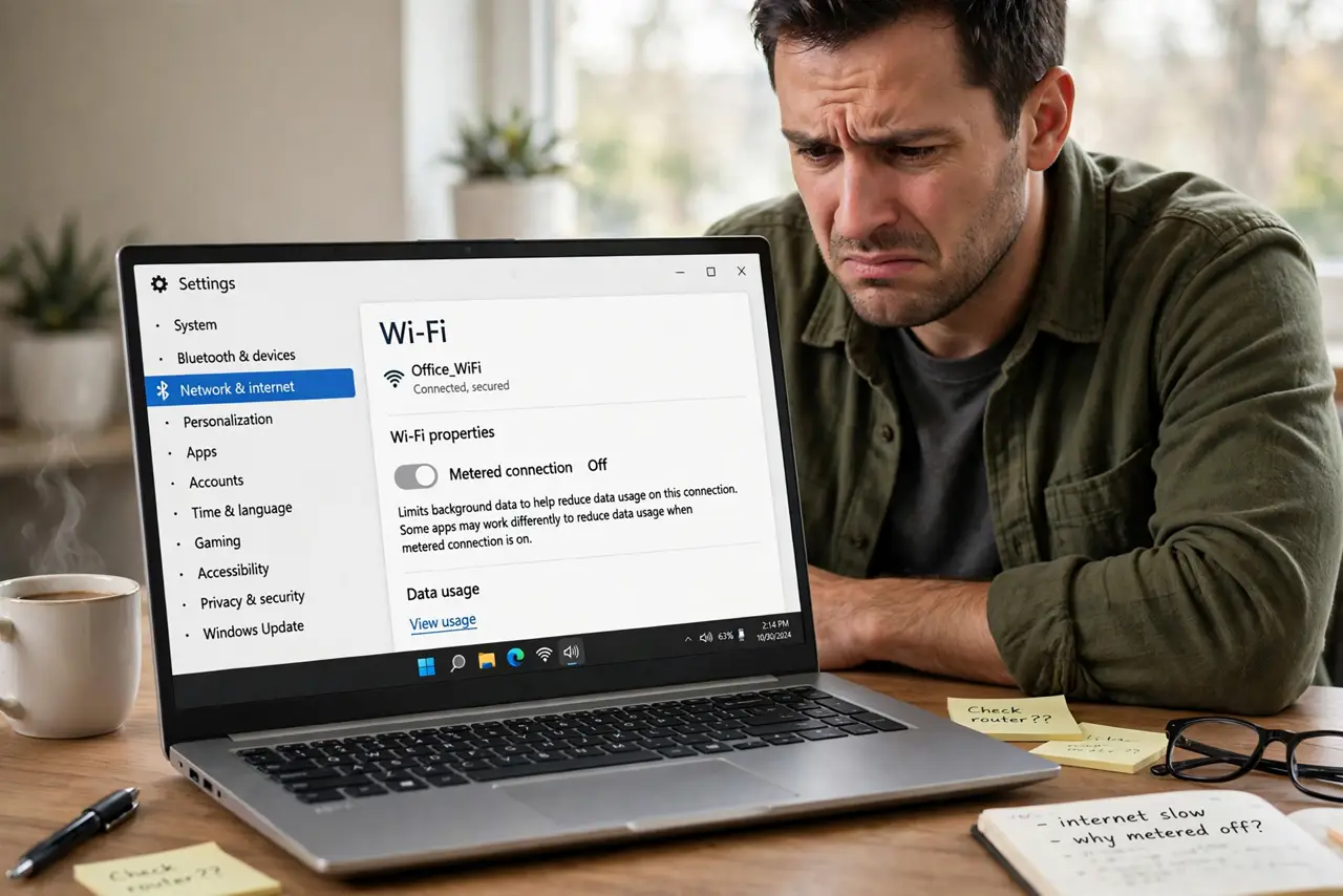a real person at a desk looking at Wi-Fi settings on a Windows laptop, the metered connection toggle visible on the real screen with fully legible text showing it turned off unexpectedly, the person looking annoyed.