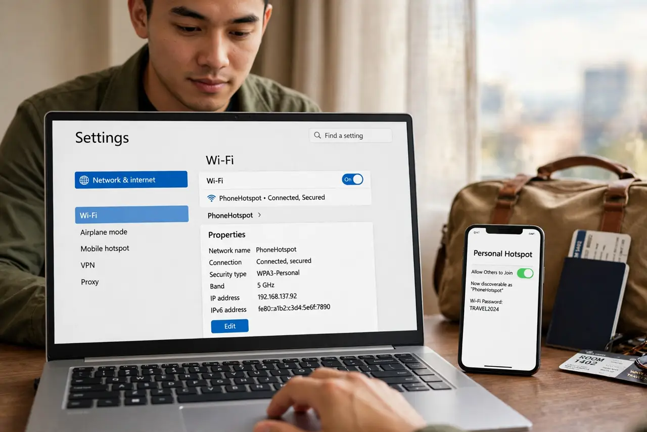A person performing the first step: Open the network's properties. Go to Settings > Network & internet > Wi-Fi, then.