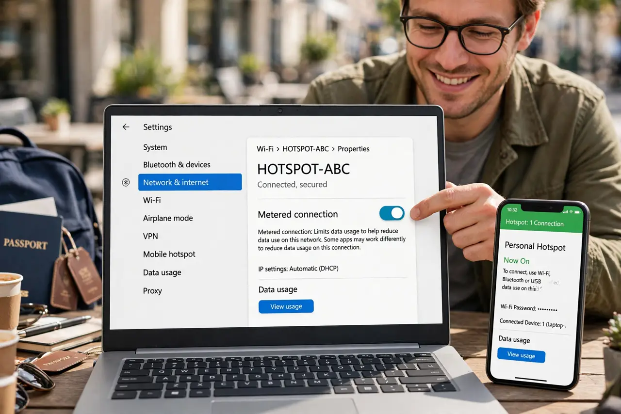 A person toggling the Metered connection switch on the real Windows Wi-Fi properties screen with legible text on a