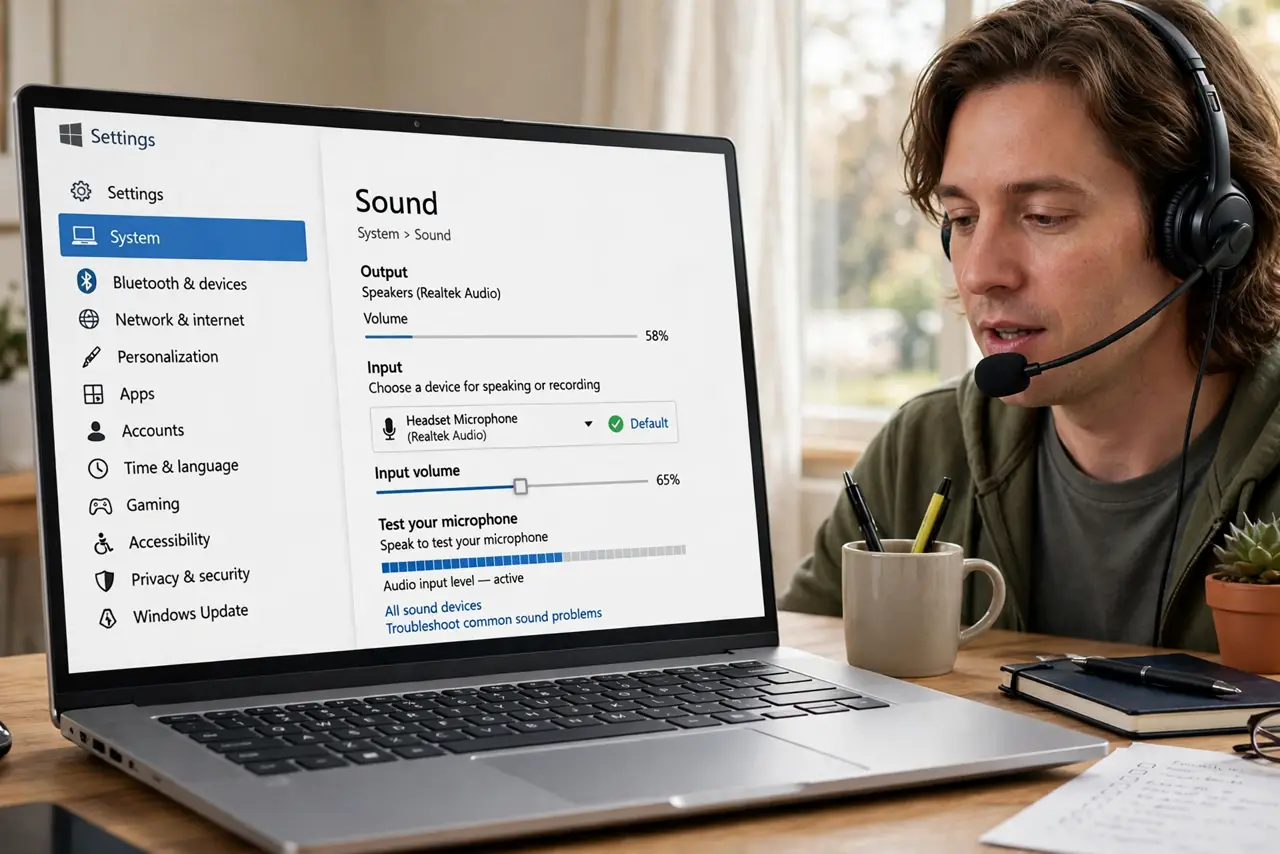 a person speaking into a real headset microphone beside a real Windows PC showing the Sound settings screen with the microphone input level slider legibly vi...