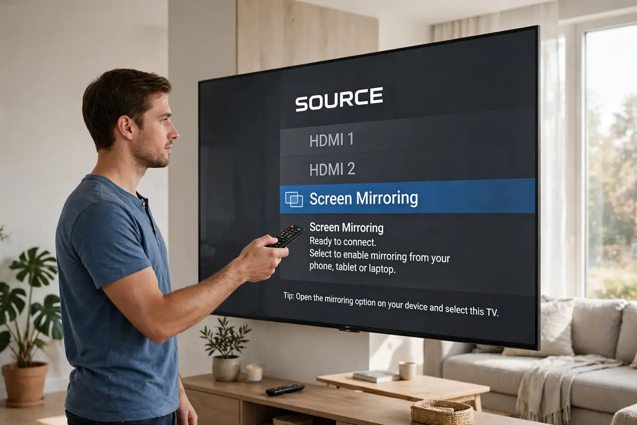 A person carrying out step one: put the tv in mirroring mode.