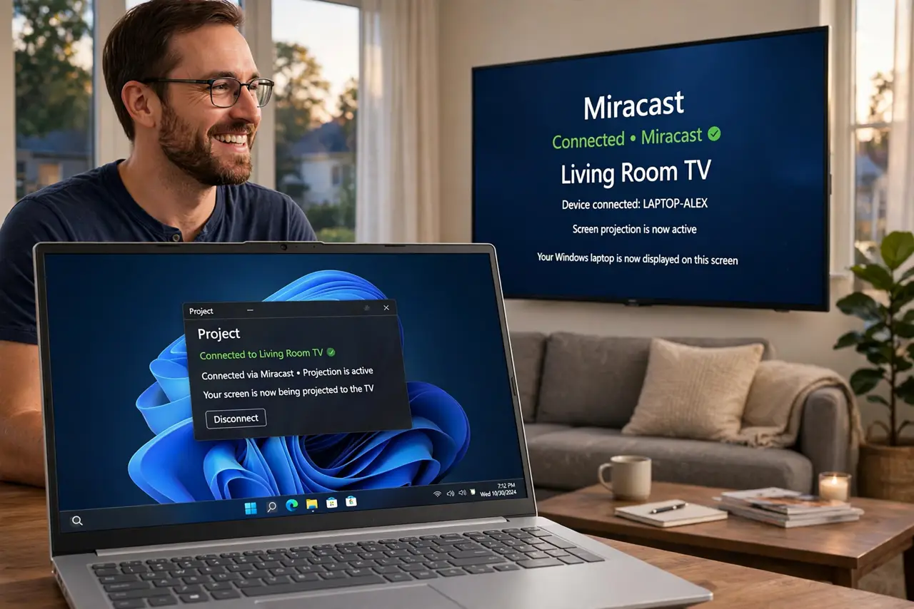 A man casting a Windows laptop screen to a TV showing the Miracast connection screen legible, living room evening, his face hopeful then satisfied.