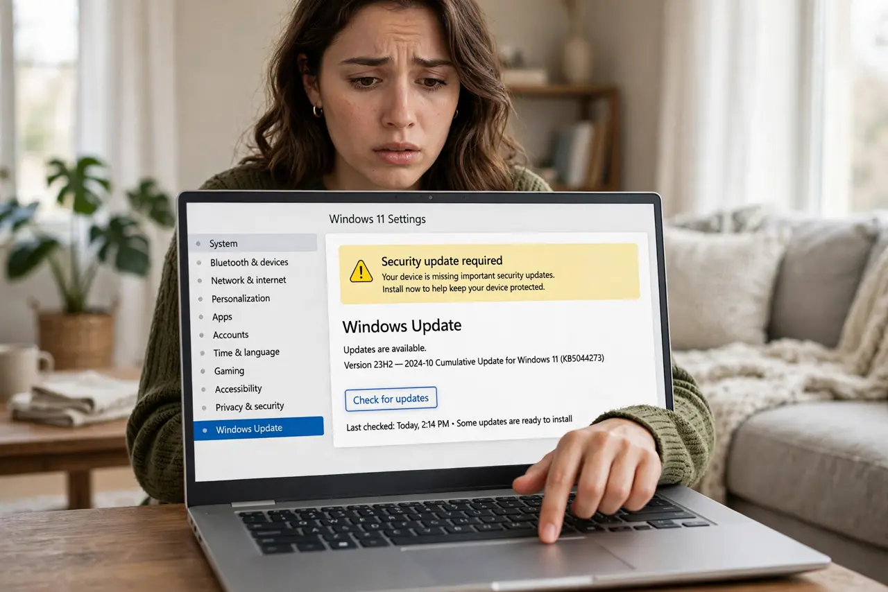 A person looking at a real Windows laptop showing a Windows Update warning banner in legible text on screen, the