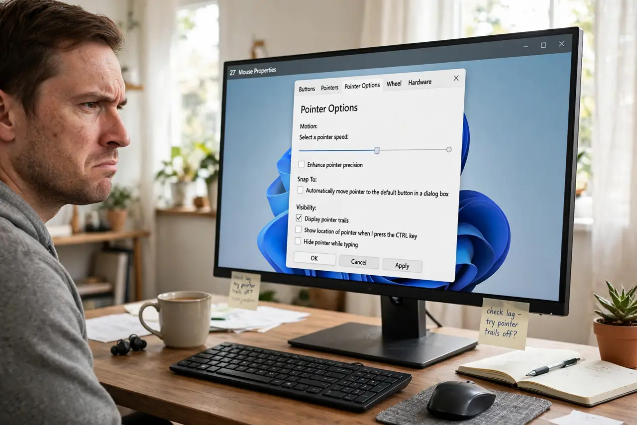 A person at a real Windows 11 PC, the monitor showing the Mouse Properties Pointer Options tab with the pointer trails checkbox clearly legible, the person's face mildly annoyed, home office.