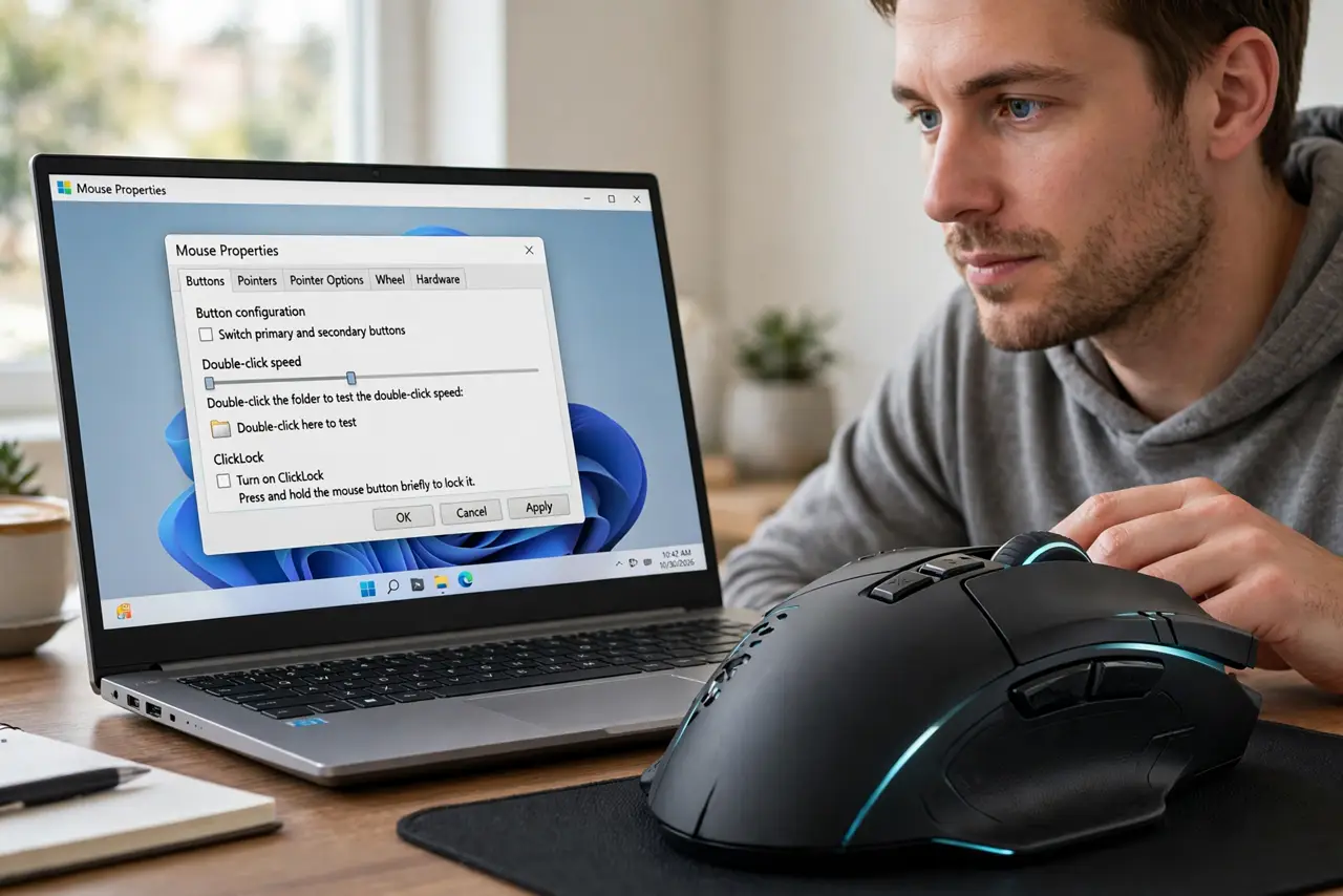 A person calmly performing the guide's first step: Open the classic mouse settings.