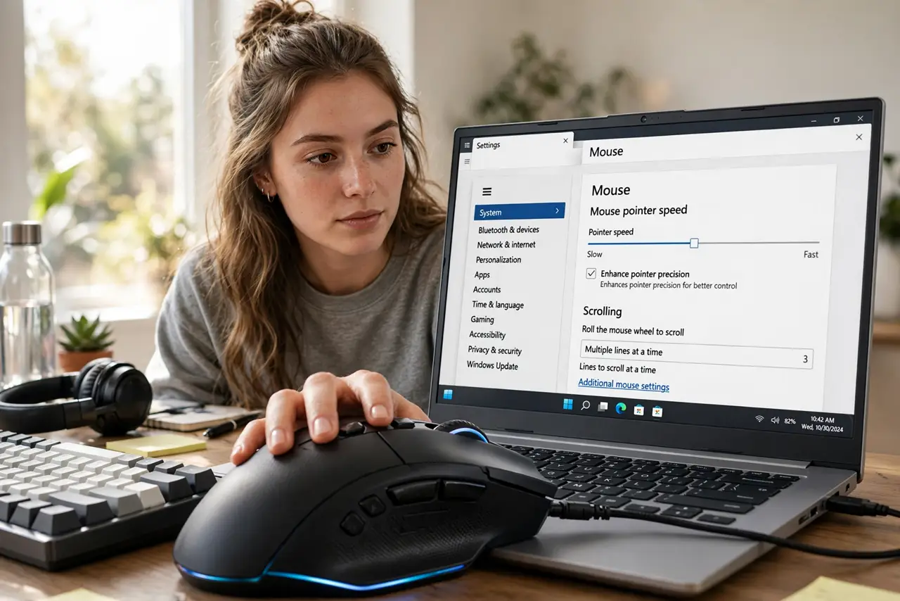 a person using a real gaming mouse on a real Windows PC, the mouse settings open showing pointer precision options, the person's face focused, gaming setup. No black screen, no bla.