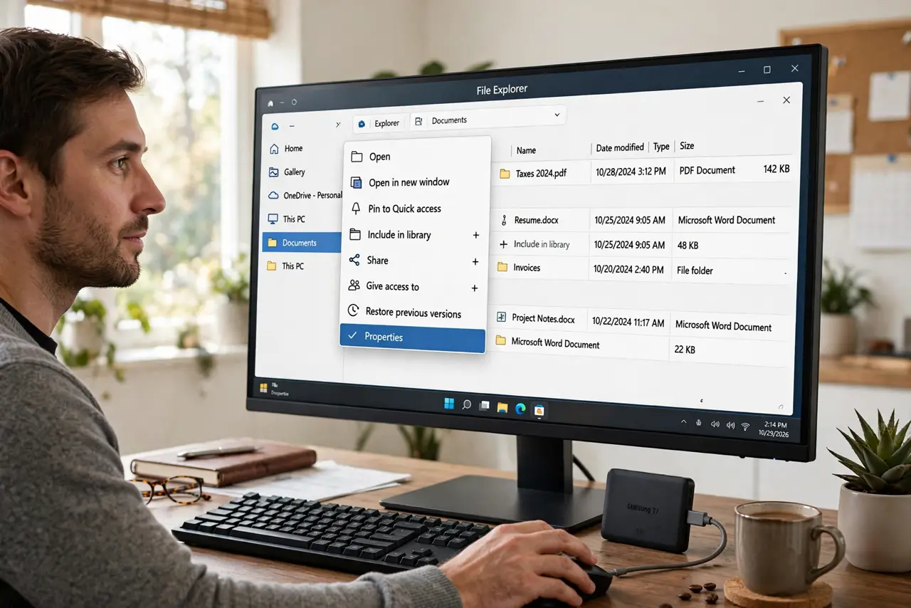 A person performing the first step: Open the folder's Properties. In File Explorer, right-click Documents (or Pictures.