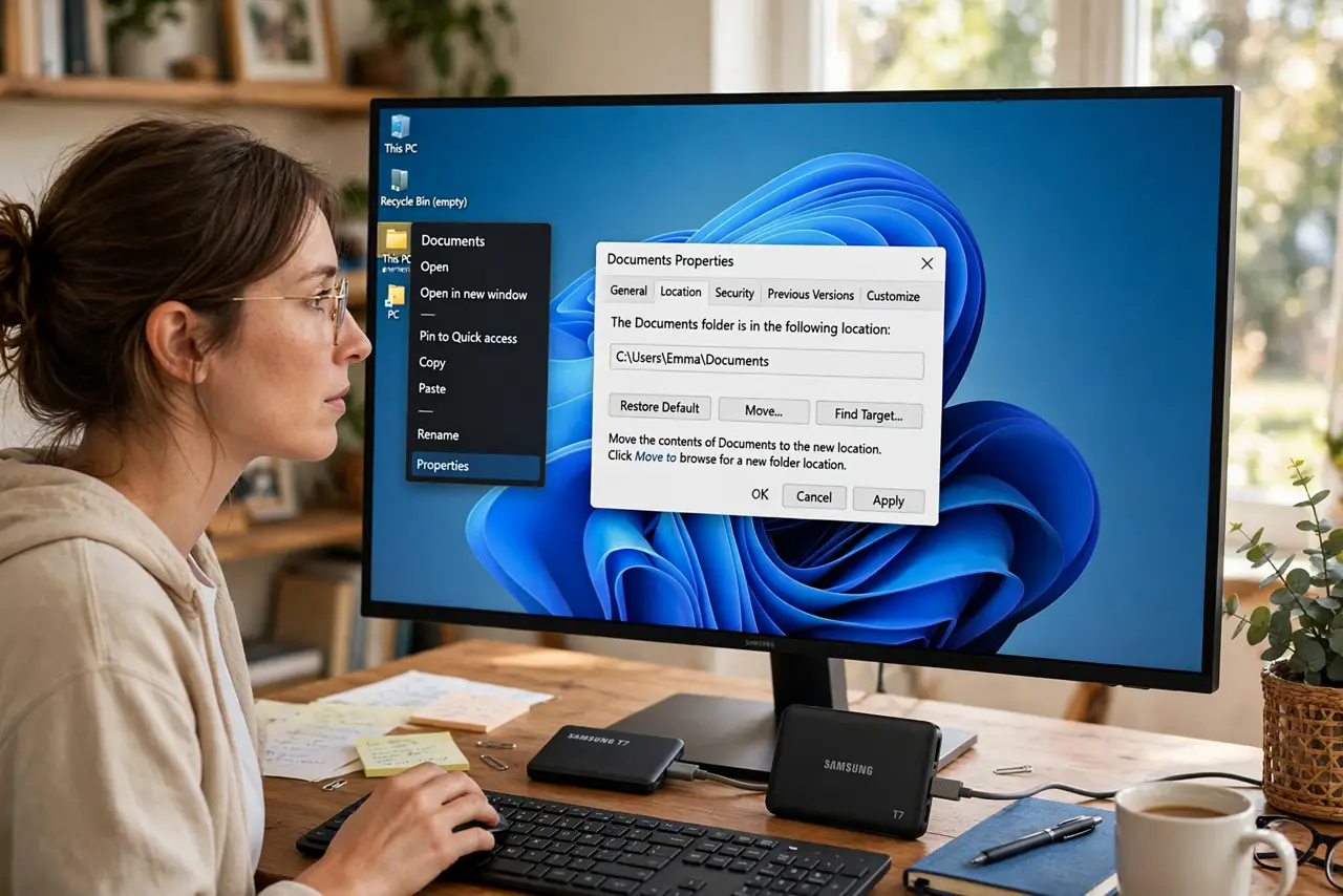 A person right-clicking the Documents folder Properties on a real Windows desktop screen showing the Location tab with