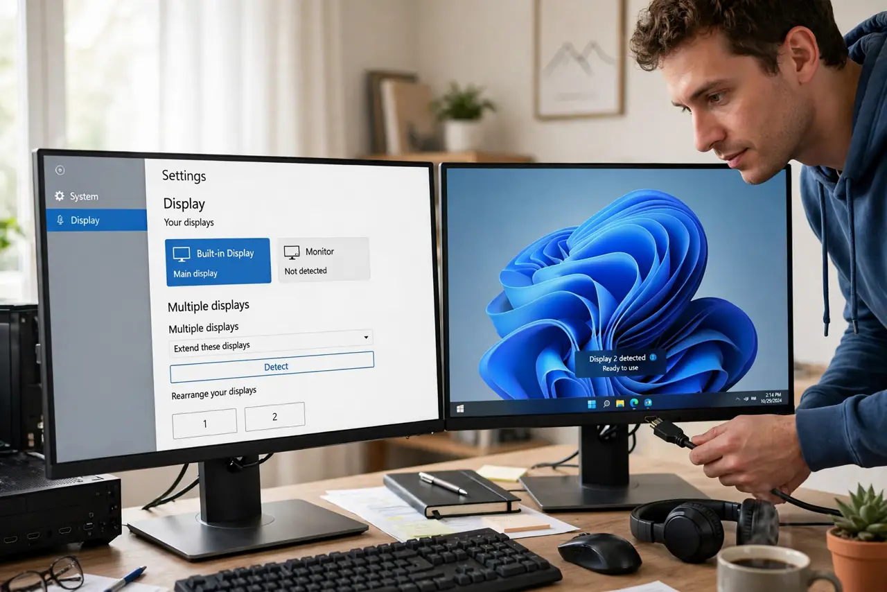 A person performing the first step: Connect and detect. Plug in the monitor and click Detect in Display settings if it.