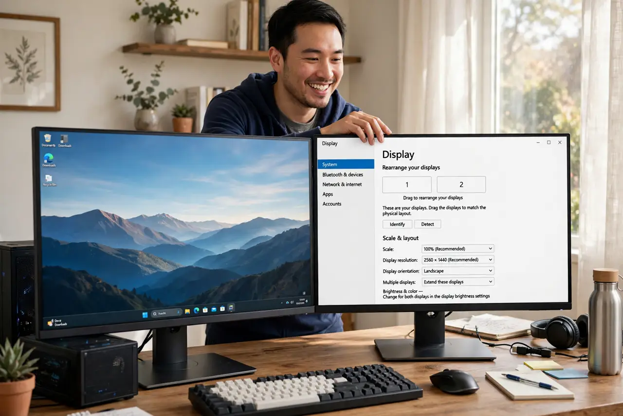 A person arranging two real monitors on a desk while a Windows Display settings screen shows the legible monitor