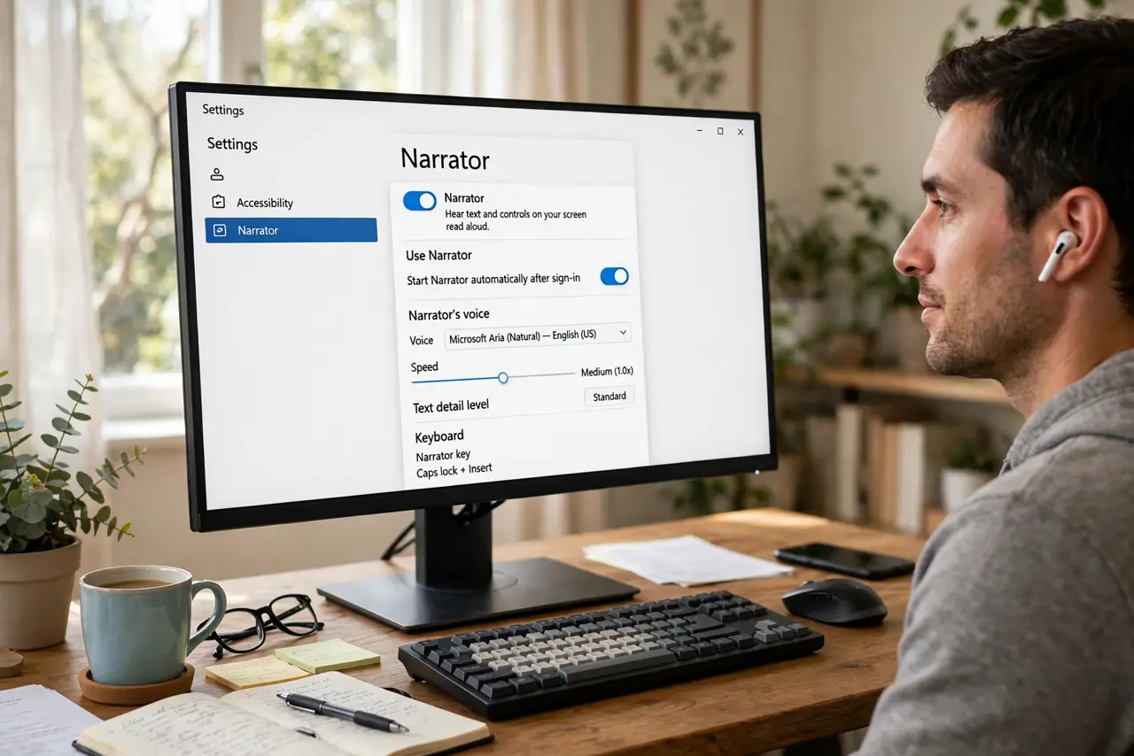 A person sitting at a real desk with a real Windows PC, wearing real earbuds, the screen showing Narrator settings with legible text, the person's face calm…