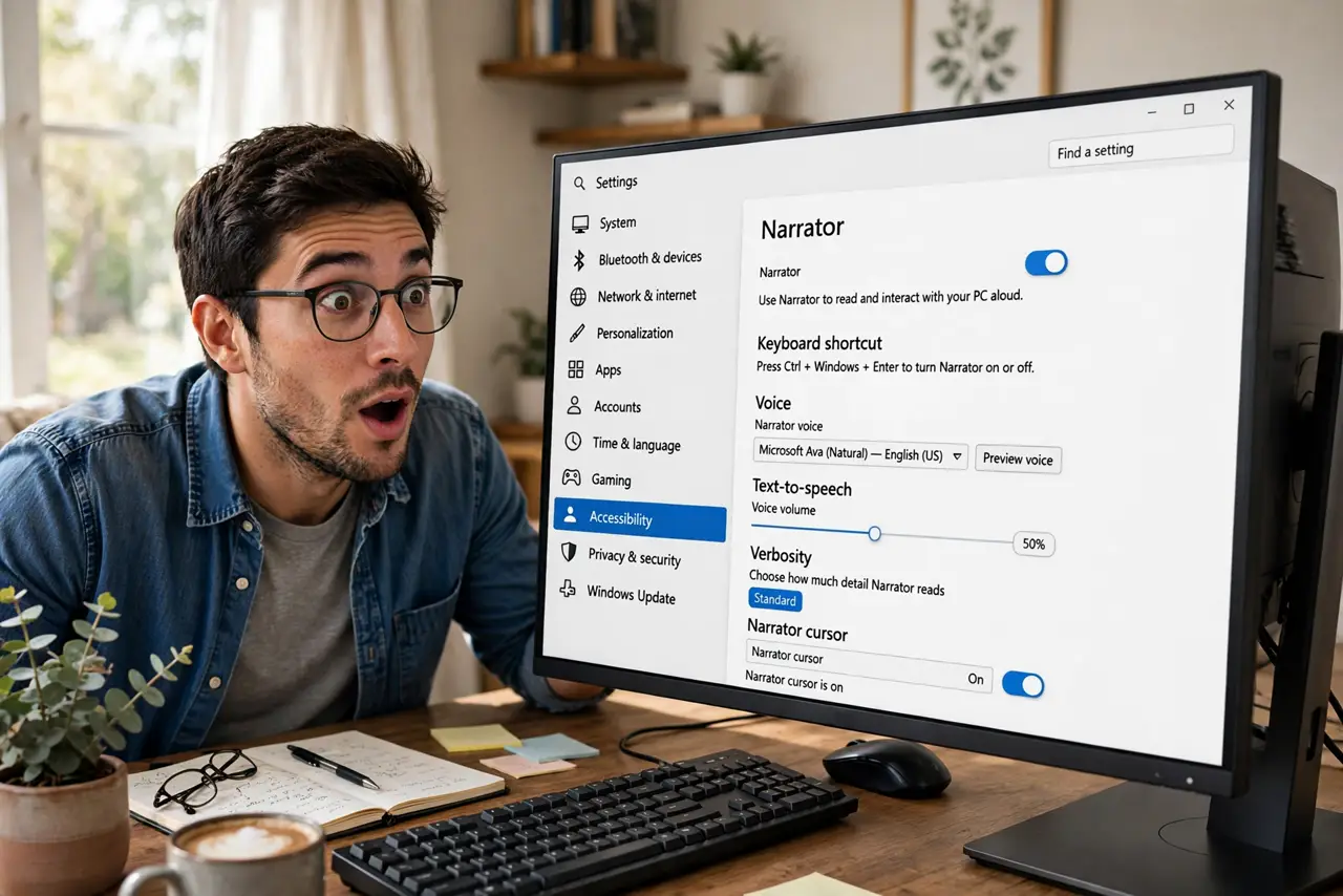 A person at a real Windows 11 PC looking surprised, the monitor showing the Narrator settings page fully legible, the person's face relieved, home office.