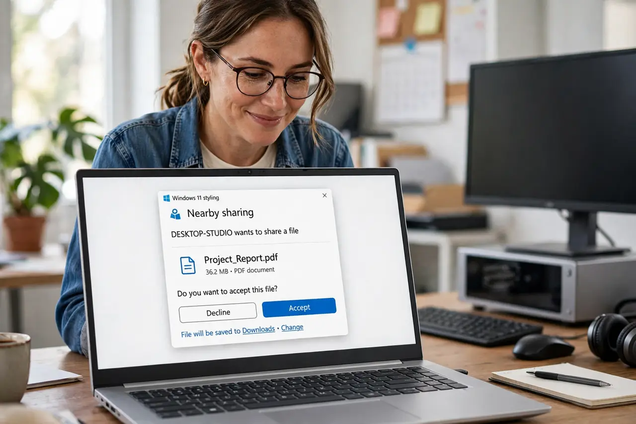 a person looking at a real Windows laptop showing the Nearby Sharing receive prompt with legible text, another PC nearby, the person's face pleased, office.