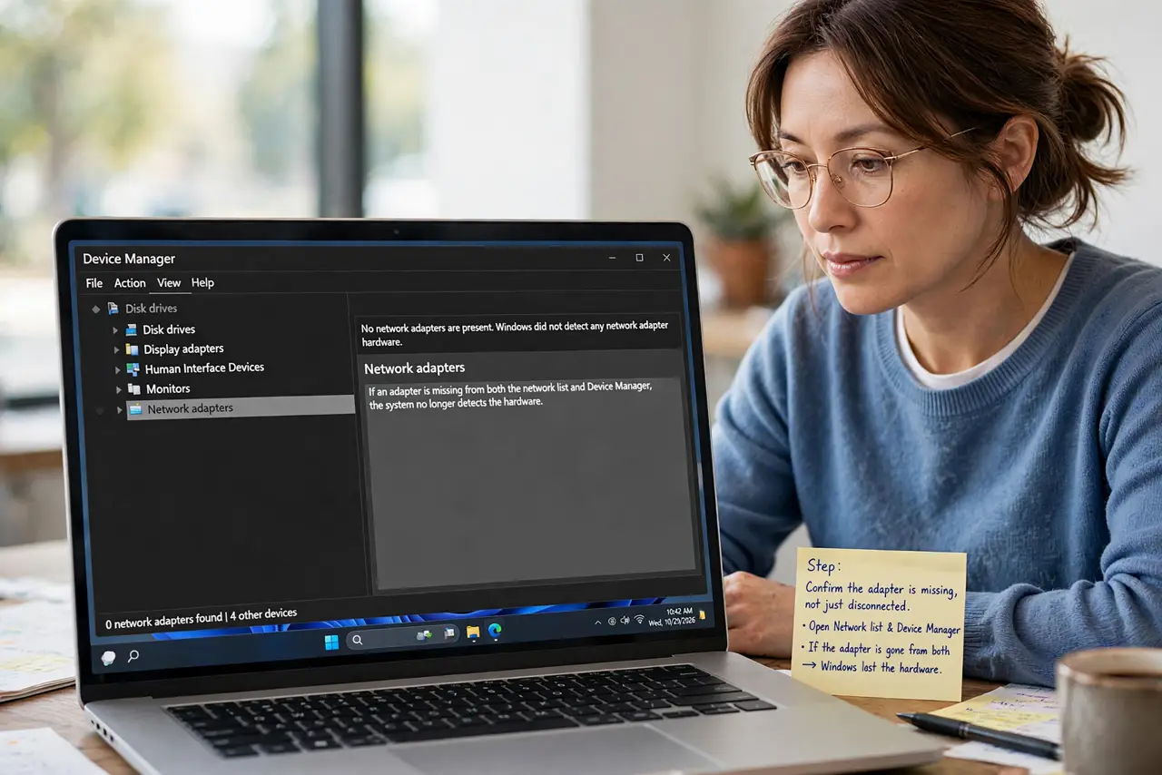 A person performing step 1 of the guide: Confirm the adapter is missing, not just disconnected. Open the network list and Device Manager. If the adapter is gone from both, Window...