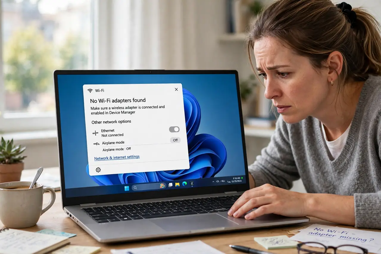 a real person at a desk opening a real laptop that just woke from sleep, the Windows network list visible on the real screen showing no Wi-Fi adapter with fully legible text, the person looking concerned.