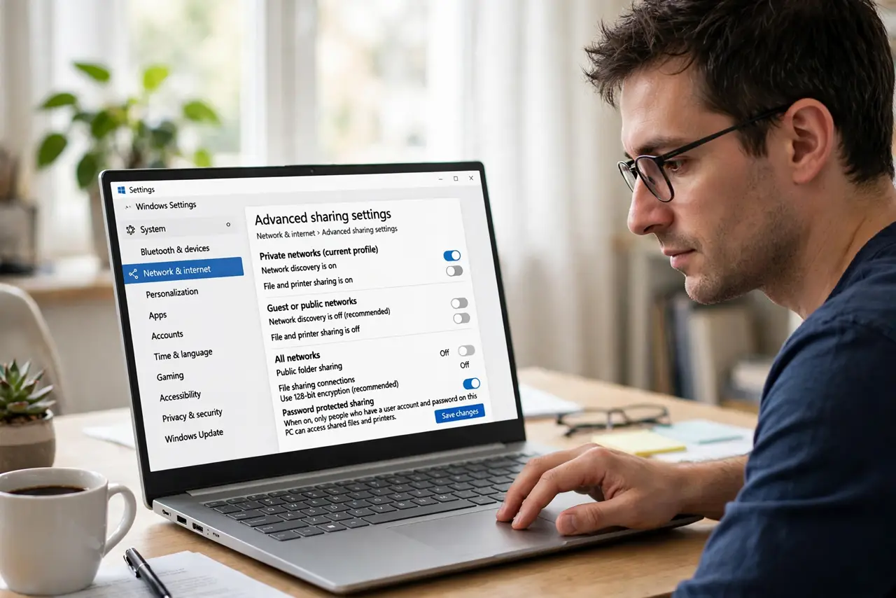 A person calmly performing the guide's first step: Open advanced sharing settings.