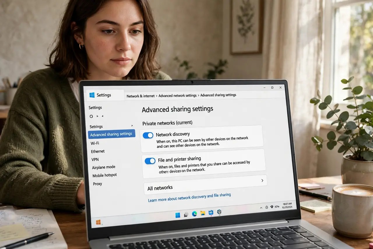 a person at a real Windows PC showing the advanced sharing settings with network discovery options legible, the person's face focused, home office. No black screen, no blank white .