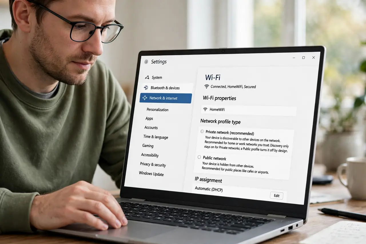 A person performing step 1 of the guide: Confirm the network profile is Private. Open the network settings and check the profile. Discovery only stays on for Private networks; a ...