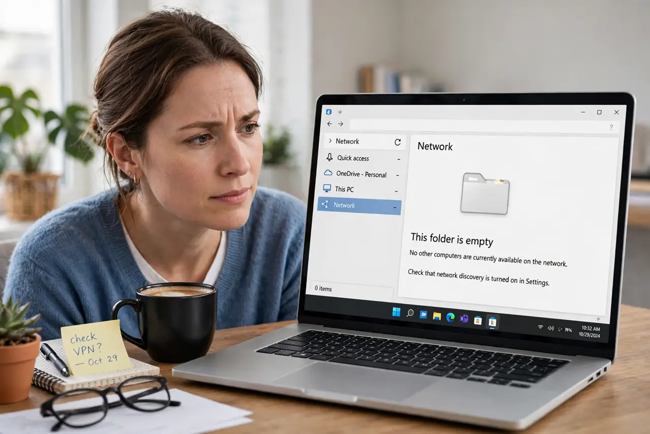 a real person at a desk looking at File Explorer's Network view on a Windows PC, the network folder empty on the real monitor with fully legible text, other PCs missing, the person looking puzzled.