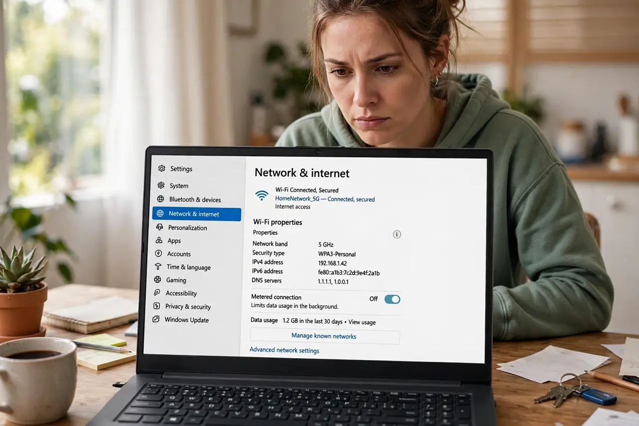 A person looking at a real Windows laptop showing the network settings page with legible text, the person's expression