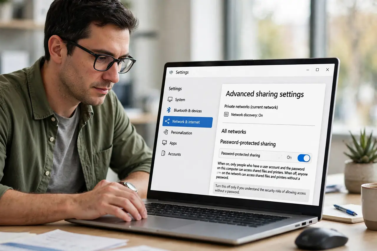 A person performing step 1 of the guide: Check password-protected sharing on the host. On the PC sharing the folder, open the advanced sharing settings and look at password-prote...