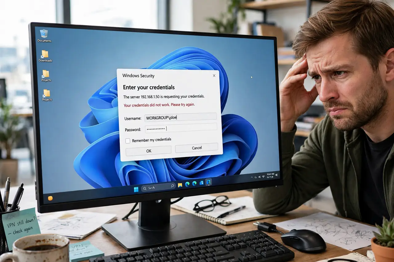 a real person at a desk looking at a Windows network credentials dialog on a real monitor, the username and password prompt fully legible and looping, the person looking frustrated.