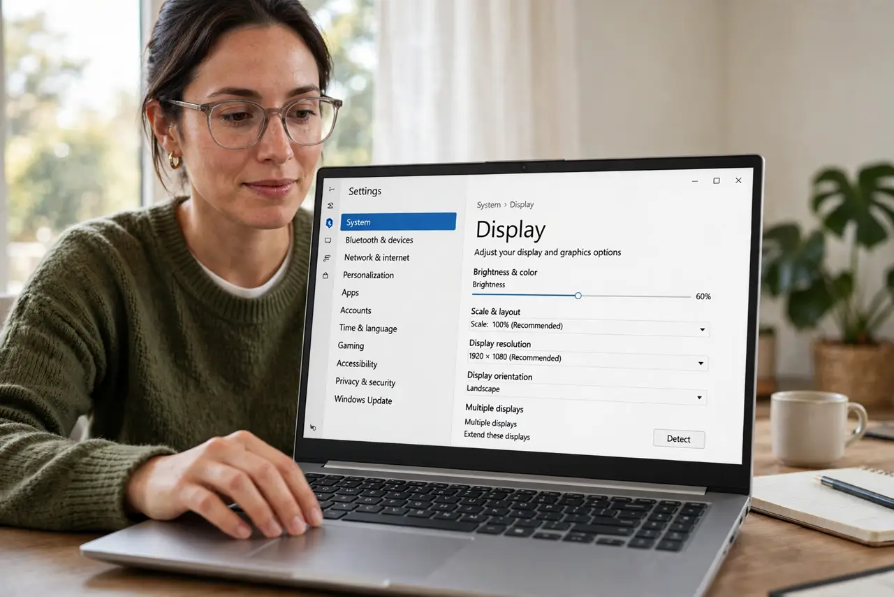 A person calmly performing the guide's first step: Open Display settings.
