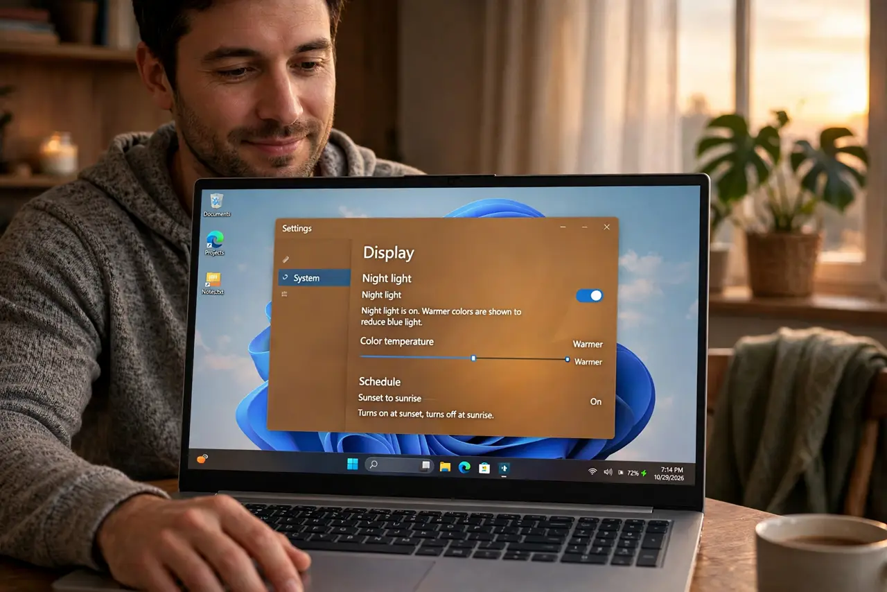 a person using a real Windows laptop in the evening with Night Light warming the screen to amber tones, the person's face relaxed, cozy dim room. No black screen, no blank white sc.
