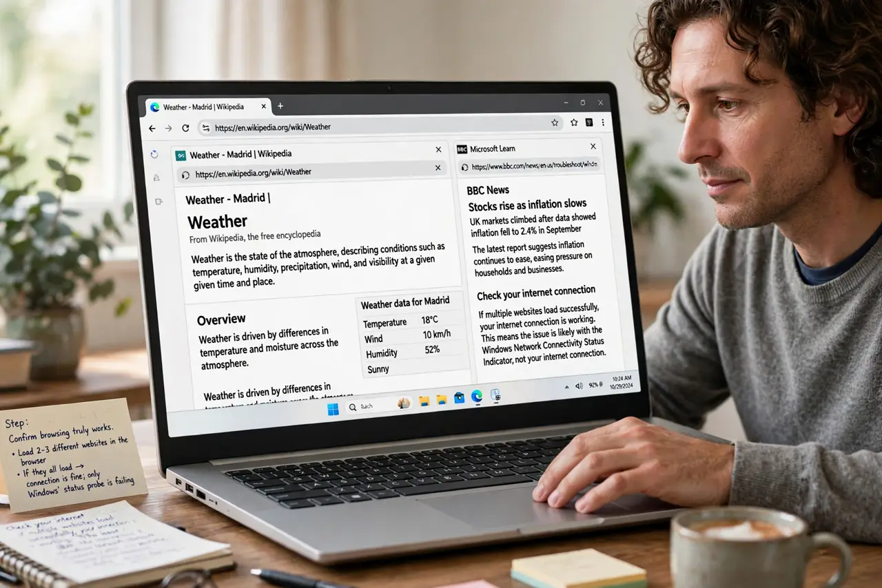 A person performing step 1 of the guide: Confirm browsing truly works. Load two or three different websites in the browser. If they all load, the connection is fine and only Wind...