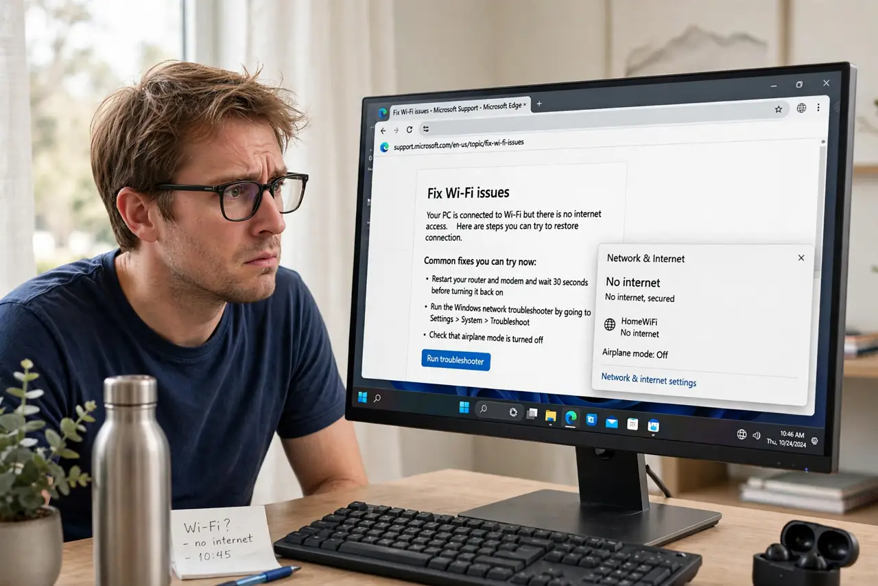 a real person at a desk looking at the Windows taskbar on a real monitor, the network icon showing No Internet with fully legible text while a browser window behind it loads a page normally, the person looking puzzled.