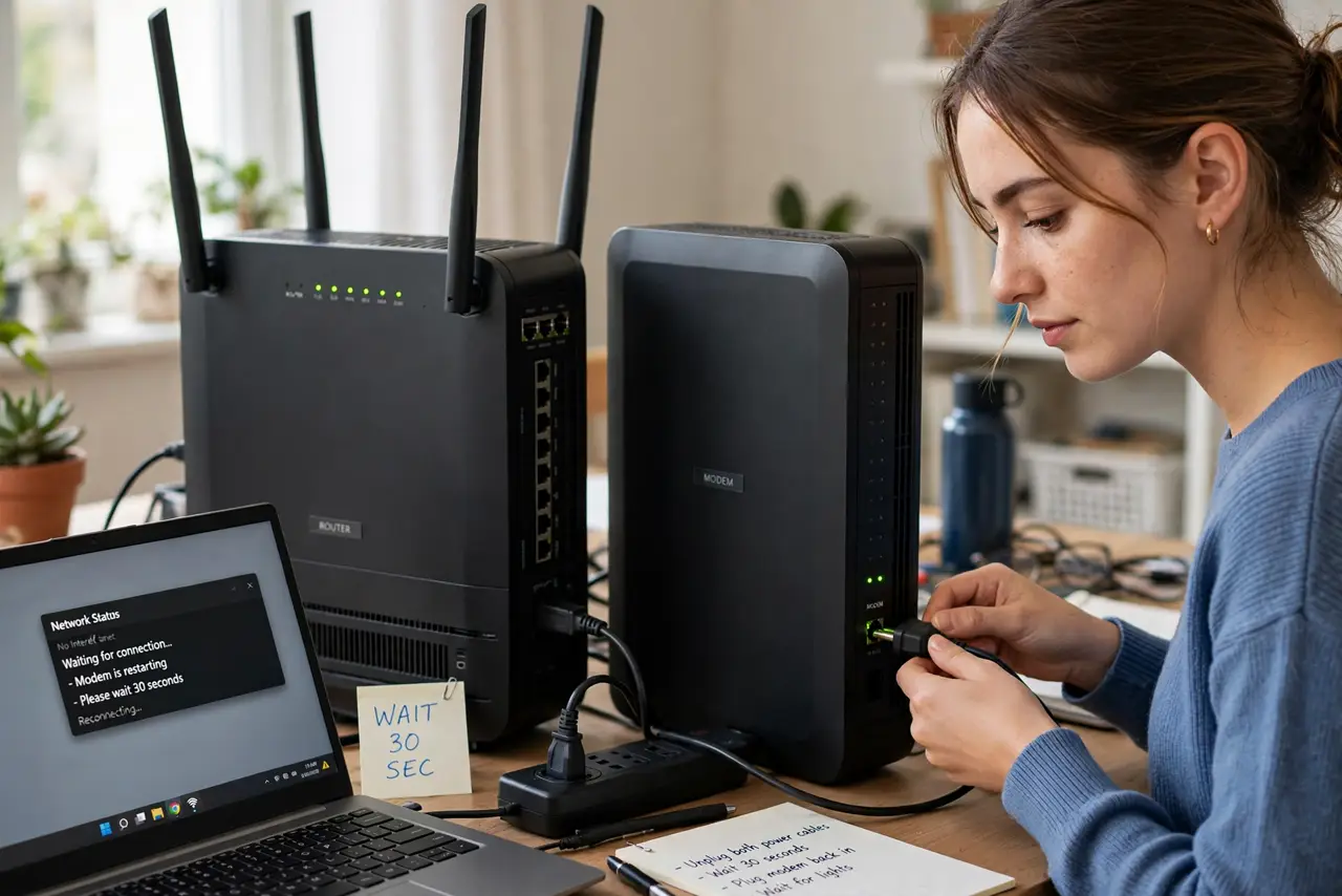A person performing the first step: Restart the router and modem first. Unplug both for 30 seconds, then plug the modem.