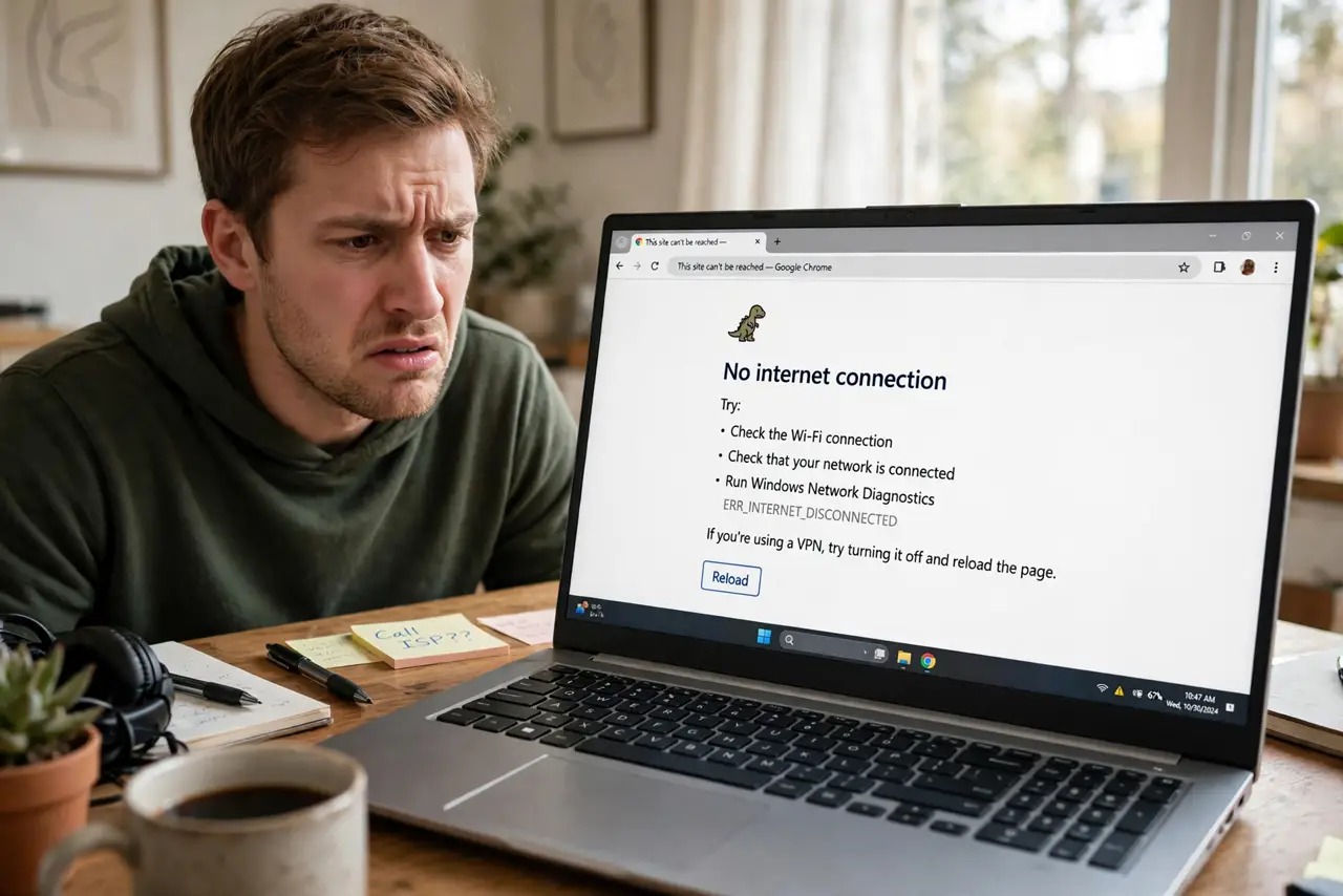 A frustrated person at a desk looking at a real Windows laptop showing a browser error page with legible text, the