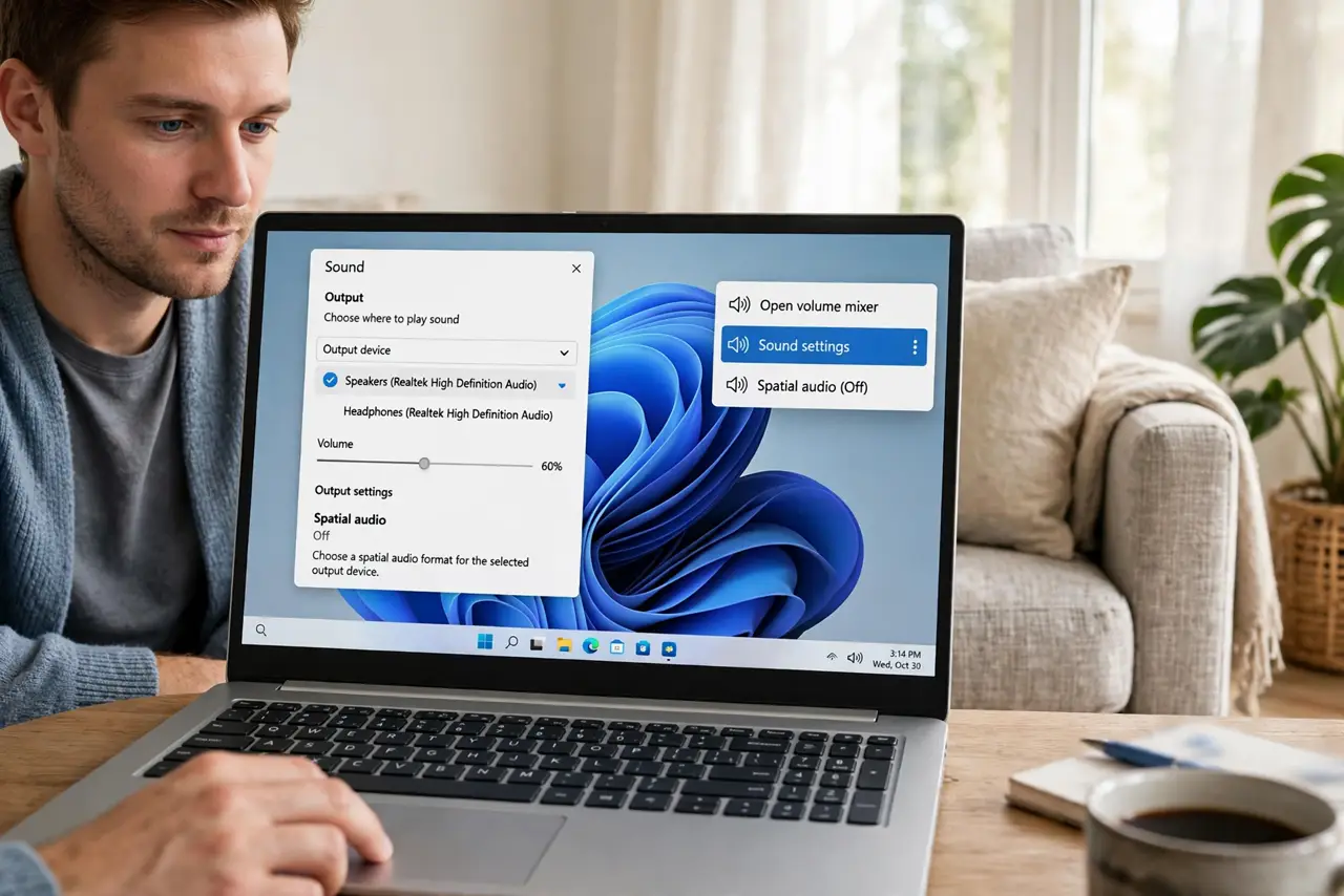 A person performing the first step: Check the output device first. Right-click the speaker icon > Sound settings and.