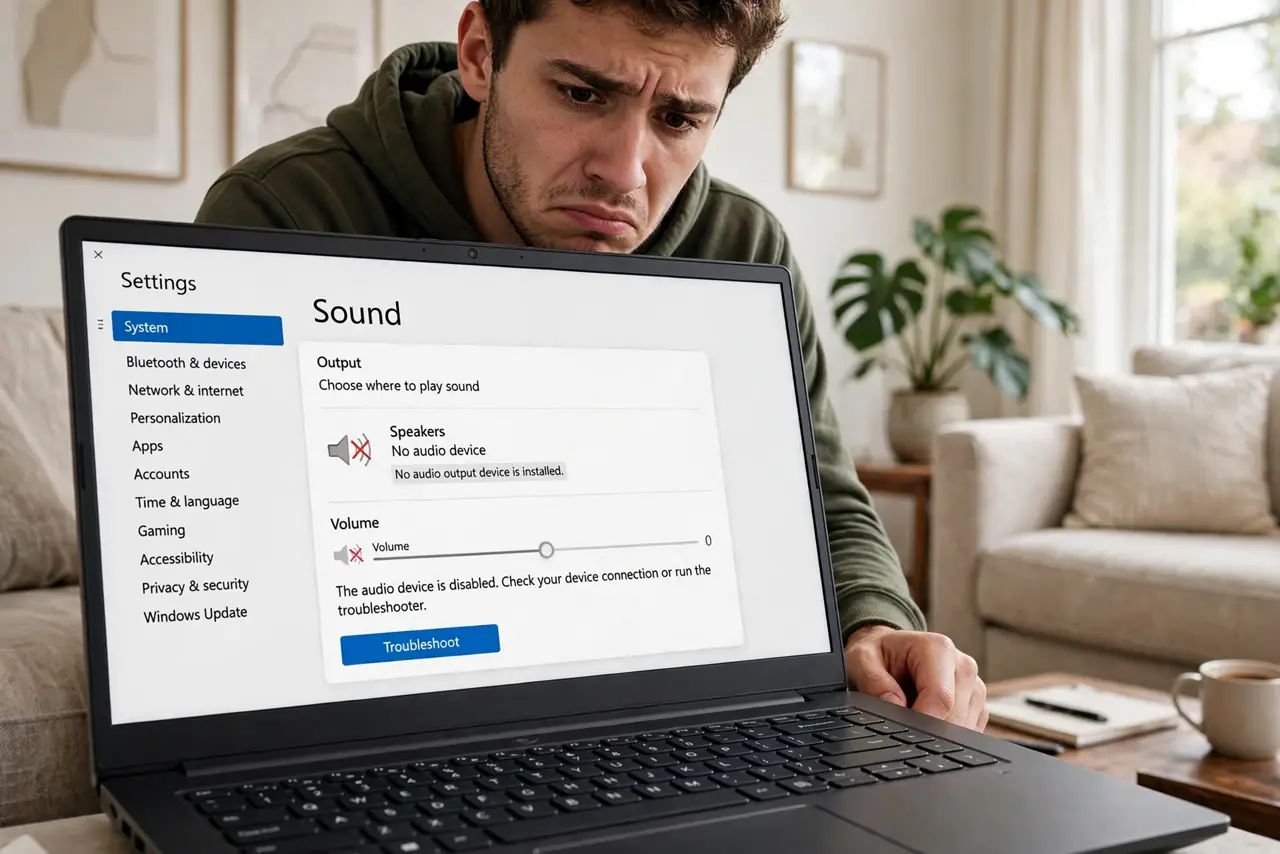 A person checking volume controls on a real Windows laptop with the Sound settings page showing legible text on screen,