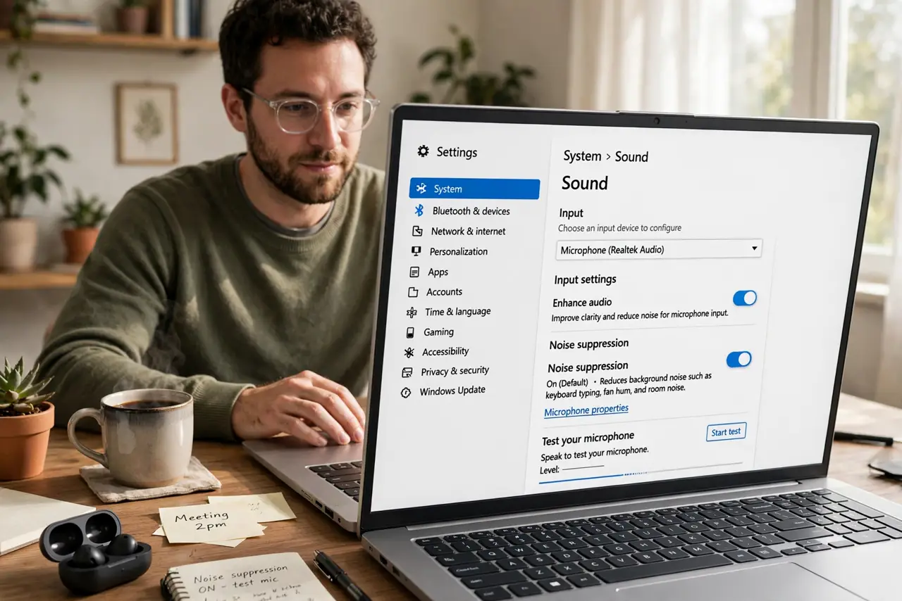 A person performing the first step: Try Windows' built-in option first. In Settings > System > Sound, select your input.