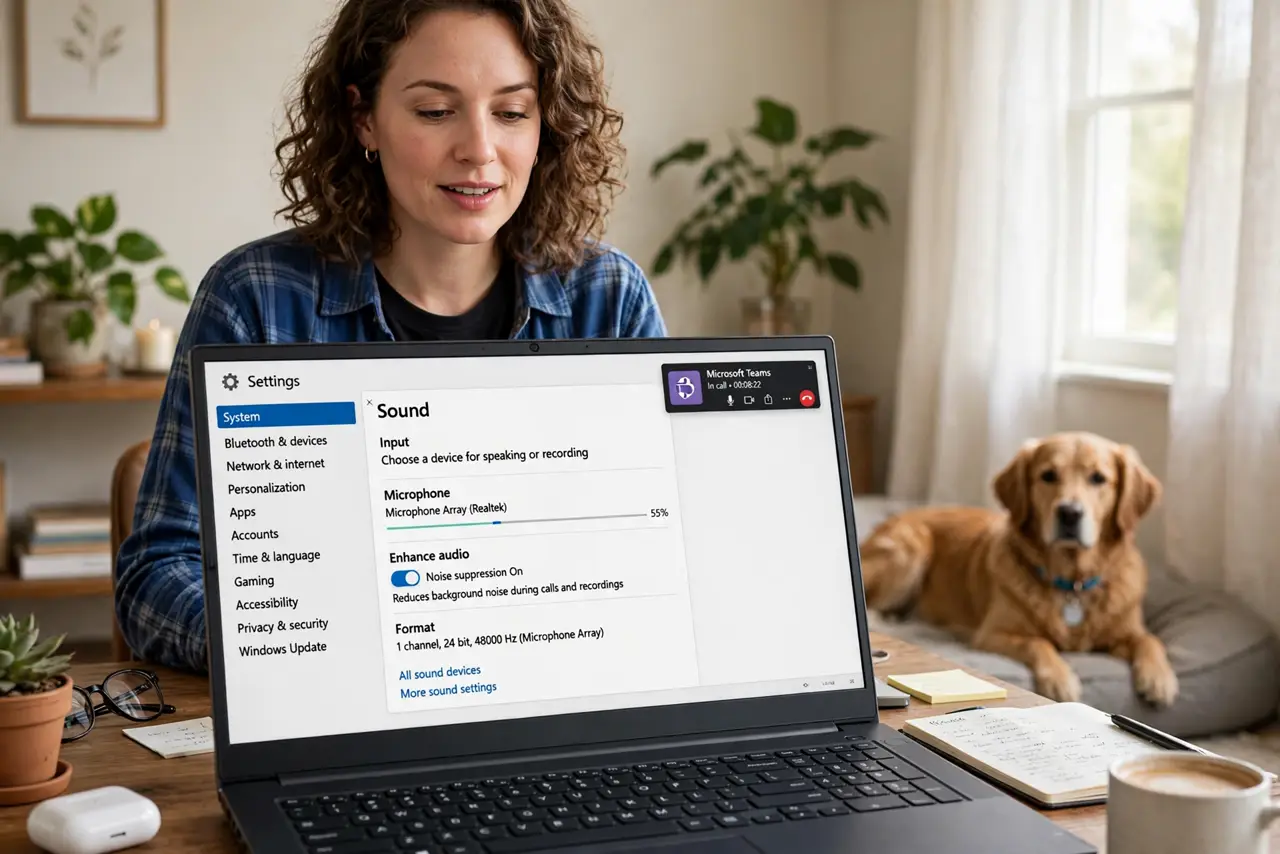 A person on a video call at a real Windows laptop with a dog visible in the background, the Sound settings noise