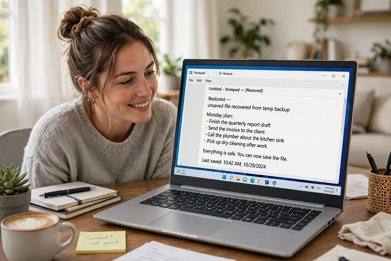 a person relieved looking at a real Windows laptop showing Notepad with restored unsaved text legible on screen, bright home office. No black screen, no blank white screen, no fake.