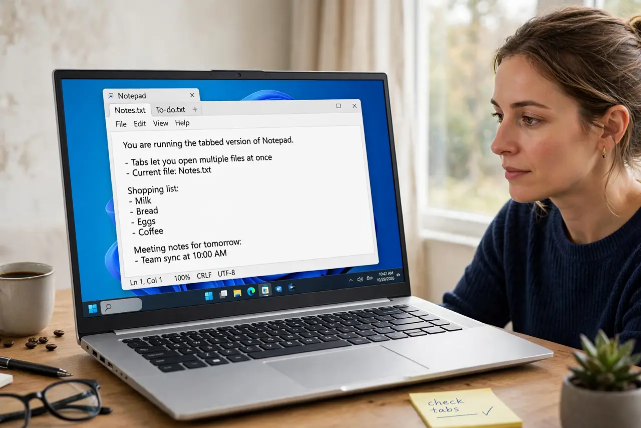 A person calmly performing the guide's first step: Open Notepad and check you have the tabbed version.