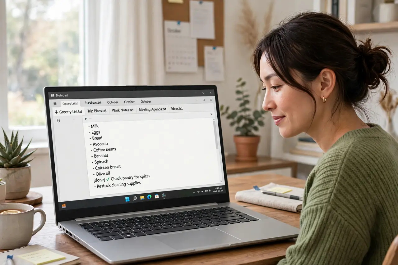 a person looking at a real Windows laptop showing Notepad with several tabs open, each tab with legible text file names, the person's face relieved, bright home office. No black sc.