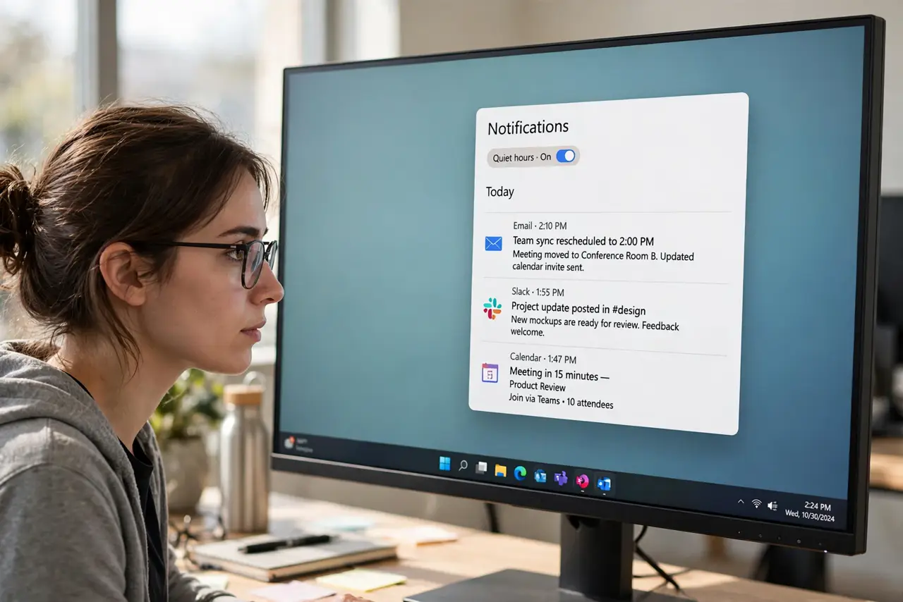 A person working on a real Windows PC monitor with no banner popups visible and Notification Center open showing quiet alerts fully legible, the person's face focused.