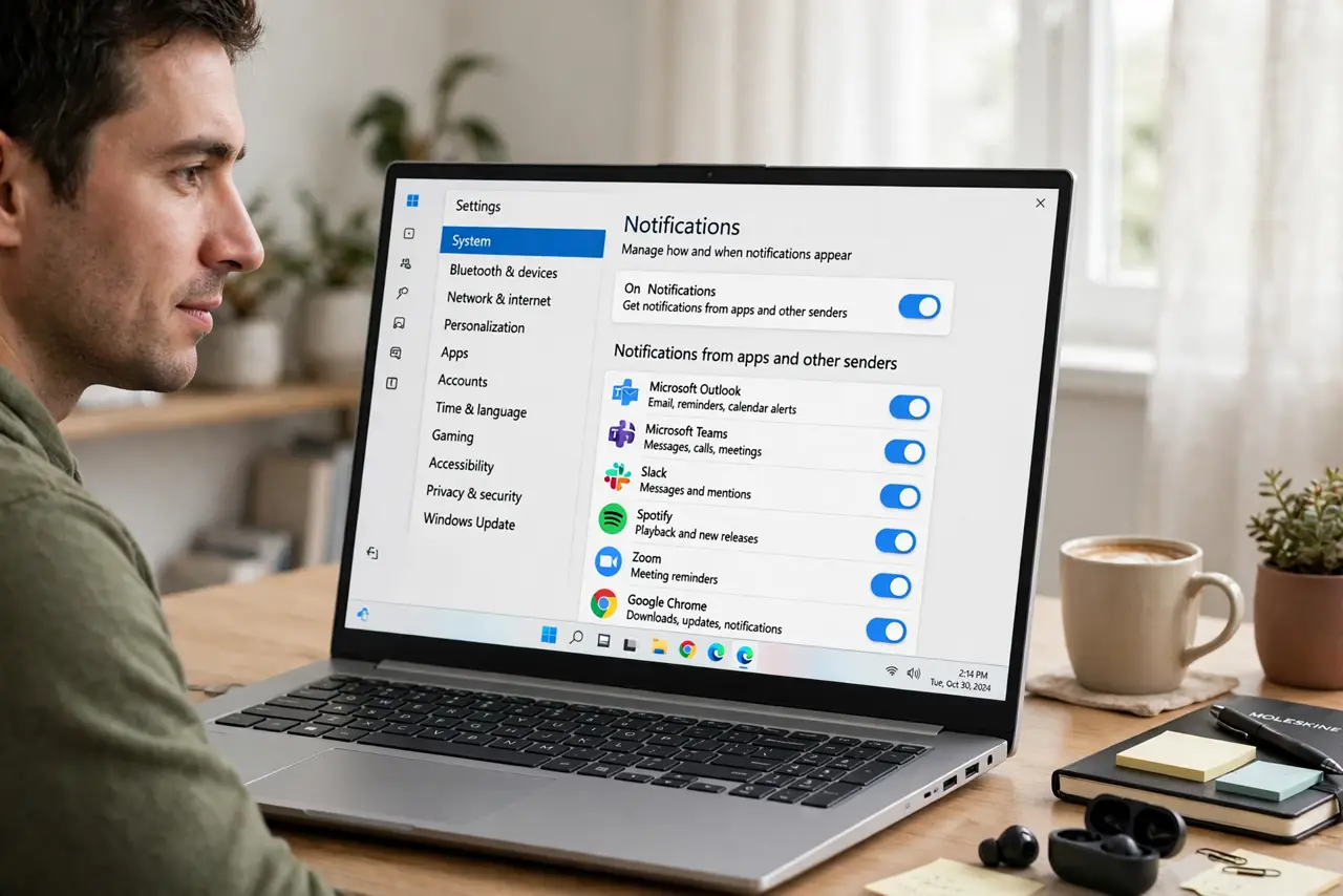 a person at a desk looking at a real Windows screen showing notification settings with a legible app list, the person's face calm and in control, tidy desk.