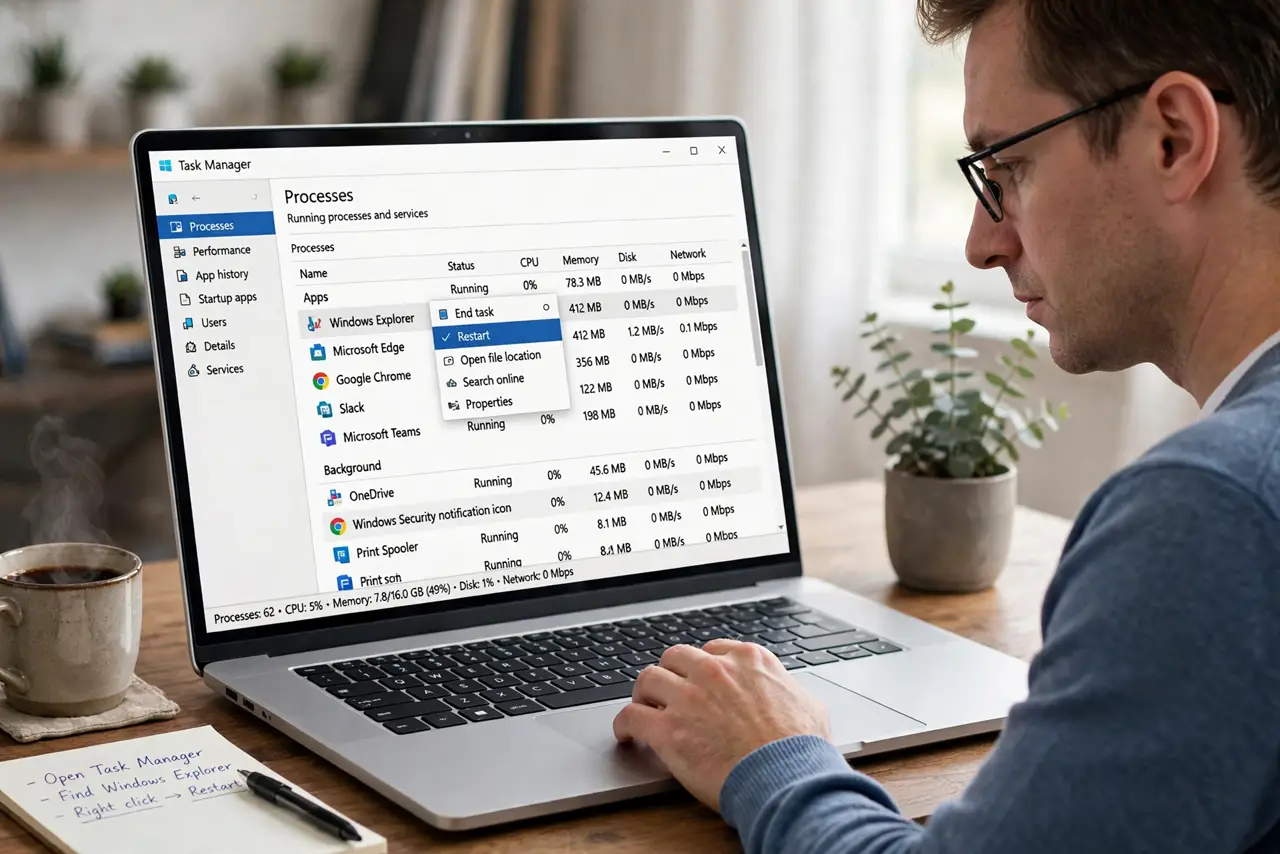A person performing step 1 of the guide: Restart the Explorer process. Open Task Manager, find Windows Explorer, and restart it. The notification flyout is part of Explorer's she...