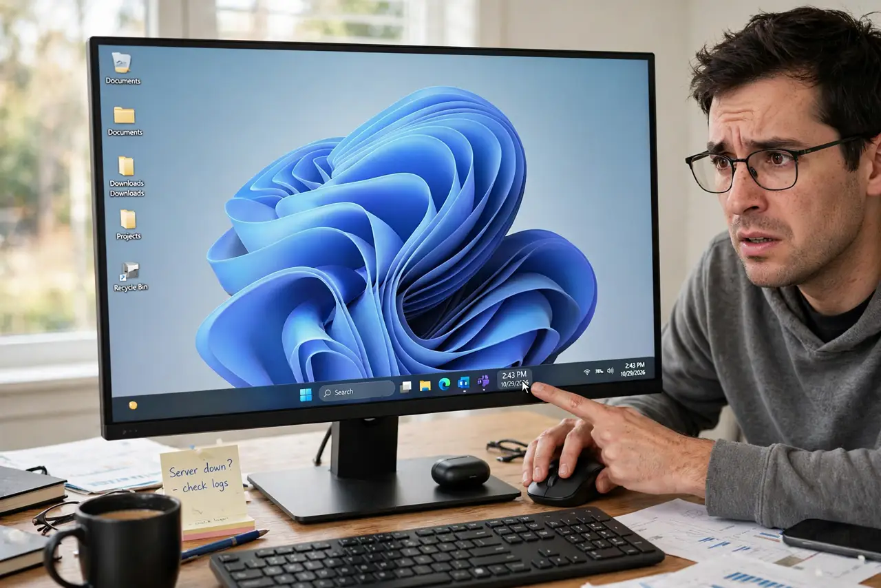 a real person at a desk clicking the clock area of the Windows taskbar on a real monitor, the notification flyout failing to appear, the taskbar fully legible, the person looking puzzled.