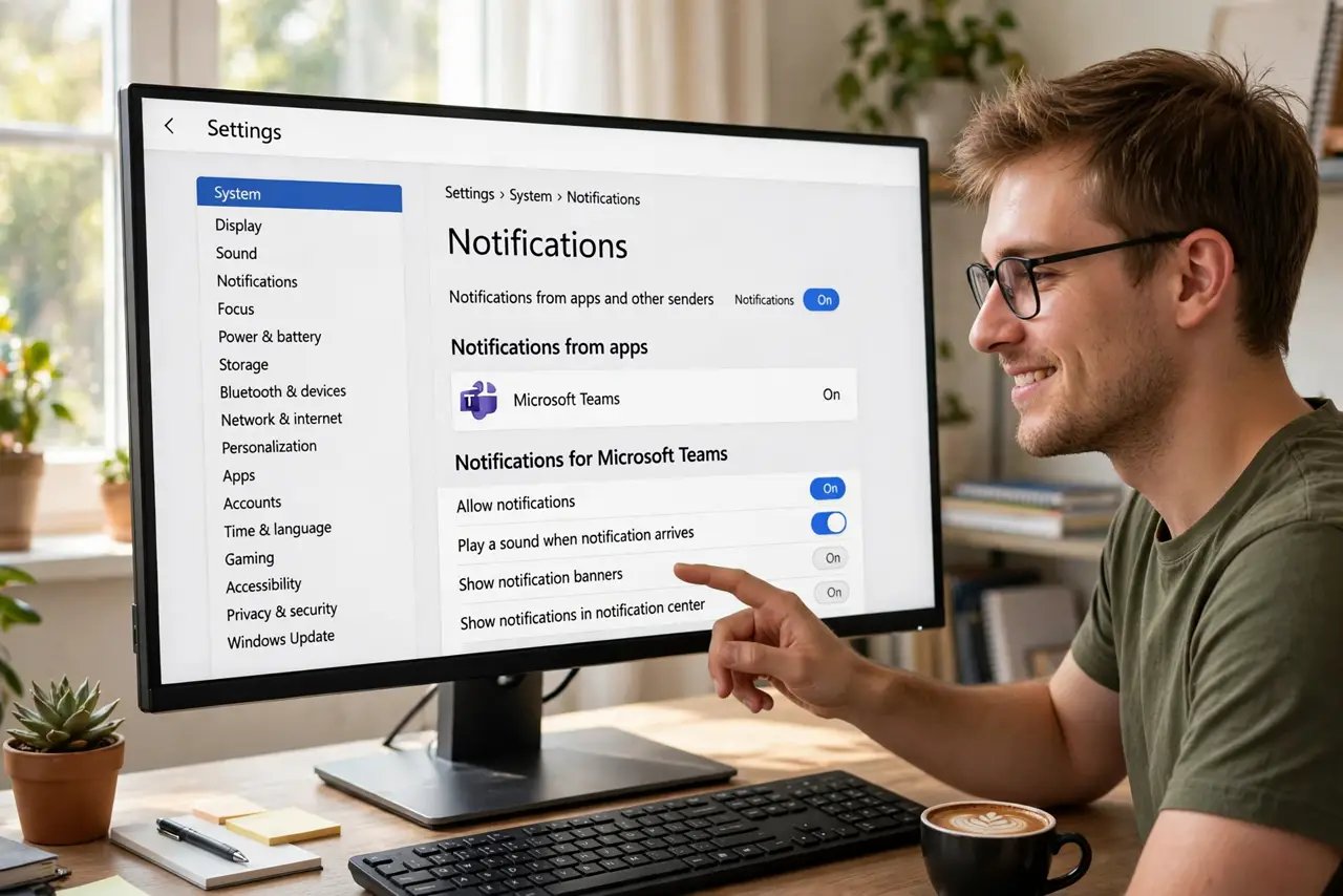 A person adjusting notification settings for one app on a real Windows PC monitor with the per-app sound toggle fully legible, the person's face relieved.