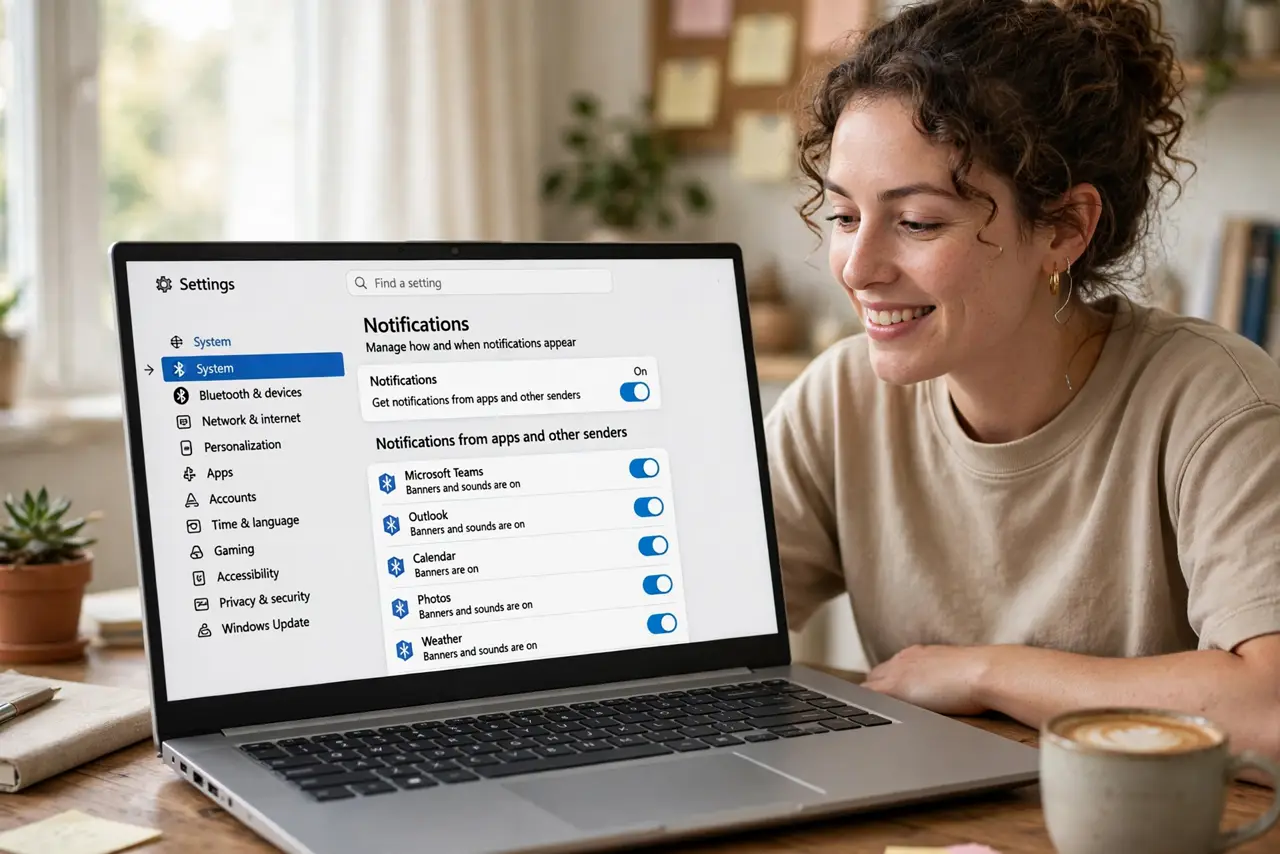 a person using a real Windows 11 PC, the Notifications settings page open showing per-app toggles, the person's face relieved, home office. No black screen, no blank white screen, .