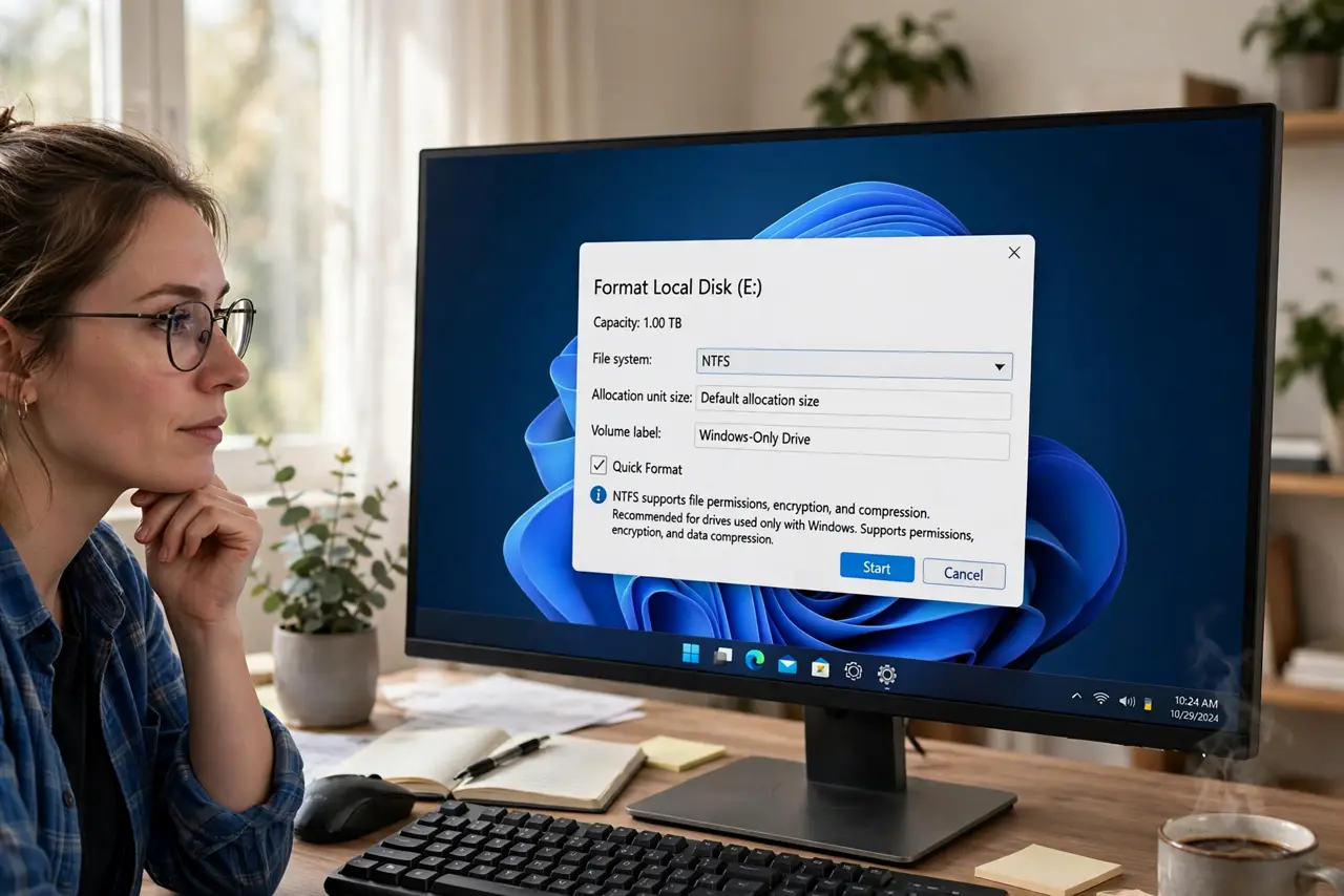 A person performing the first step: Choose NTFS for Windows-only drives. Internal drives and Windows-only externals.